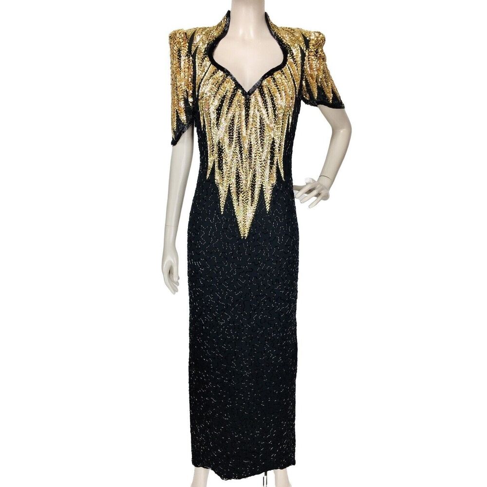 Vintage 80s 100% Silk Beaded Sequins Cutout Back High Shoulder Dress Size XS-M